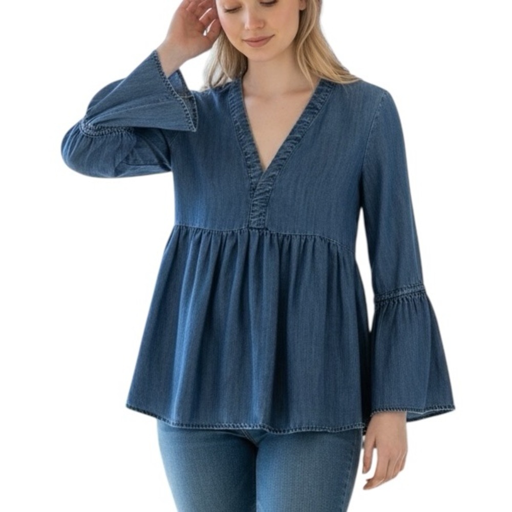 American Eagle Outfitters Top Blue Chambray Indigo V-Neck Long Bell Sleeve XS